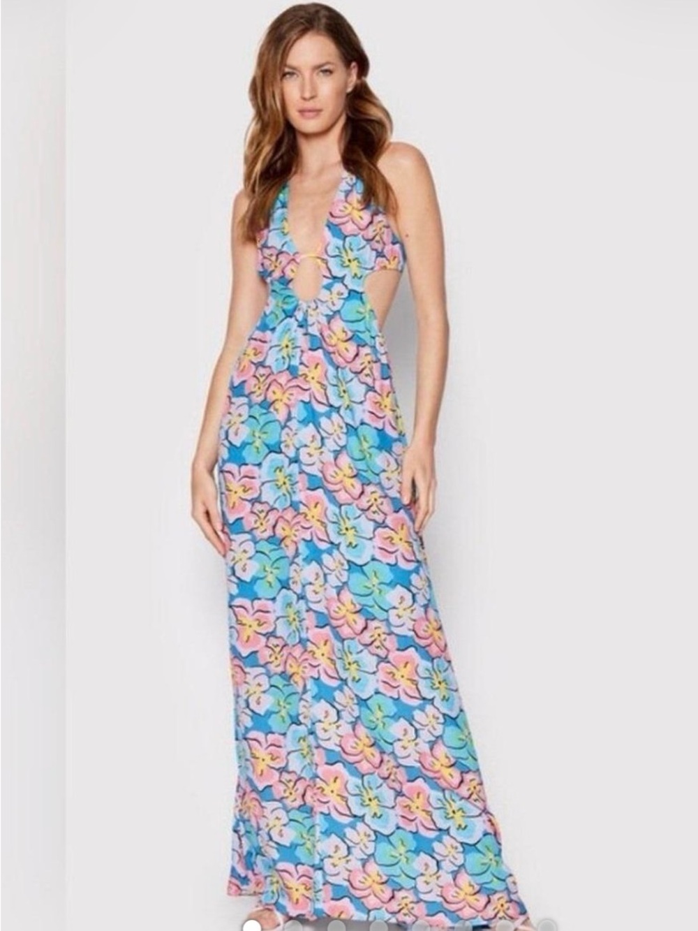 For Love & Lemons Floral Halter Maxi Dress in Blue, Pink & Yellow